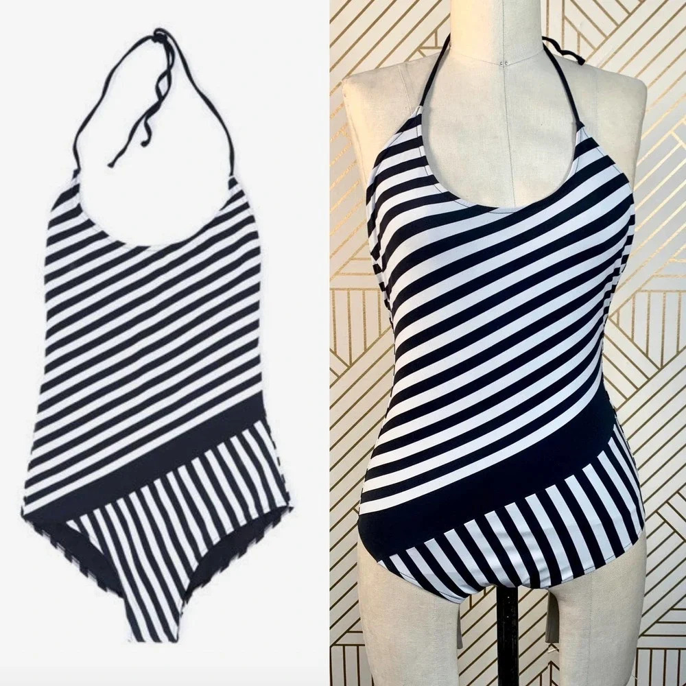 Zara Swimsuit Black and White Striped One-Piece Bathing Suit Size‎ Small